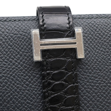 エルメス HERMES ベアンコンパクト タッチ グリミスティ×ブラック ヴォーエプソン アリゲーター 二つ折り財布 シルバー金具 黒 クロコ