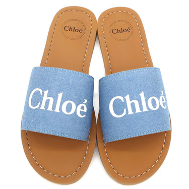 クロエ Chloe ウッディ C20185Z10 デニムブルー ラバー テキスタイル エチレンビニルアセテート #35 サンダル ロゴ フラットサンダル