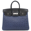 エルメス HERMES バーキン25 ヴェルソー ブルーサフィール×ブラック オーストリッチ ハンドバッグ シルバー金具 青 黒