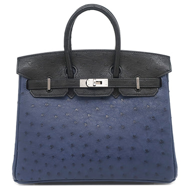 エルメス HERMES バーキン25 ヴェルソー ブルーサフィール×ブラック オーストリッチ ハンドバッグ シルバー金具 青 黒