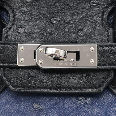 エルメス HERMES バーキン25 ヴェルソー ブルーサフィール×ブラック オーストリッチ ハンドバッグ シルバー金具 青 黒
