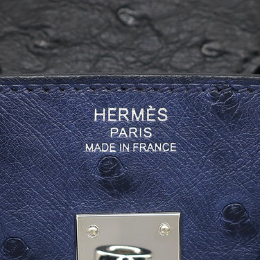 エルメス HERMES バーキン25 ヴェルソー ブルーサフィール×ブラック オーストリッチ ハンドバッグ シルバー金具 青 黒