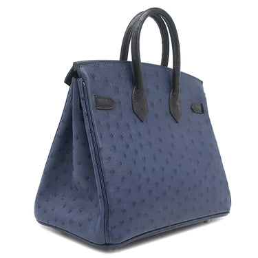 エルメス HERMES バーキン25 ヴェルソー ブルーサフィール×ブラック オーストリッチ ハンドバッグ シルバー金具 青 黒