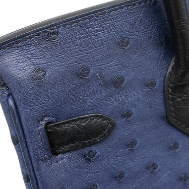エルメス HERMES バーキン25 ヴェルソー ブルーサフィール×ブラック オーストリッチ ハンドバッグ シルバー金具 青 黒