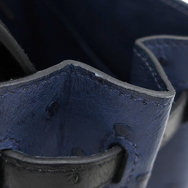 エルメス HERMES バーキン25 ヴェルソー ブルーサフィール×ブラック オーストリッチ ハンドバッグ シルバー金具 青 黒