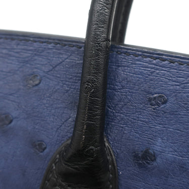 エルメス HERMES バーキン25 ヴェルソー ブルーサフィール×ブラック オーストリッチ ハンドバッグ シルバー金具 青 黒