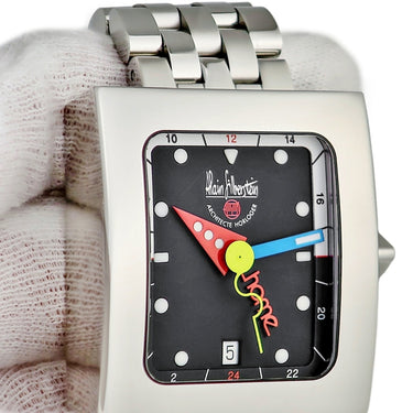 腕時計 アランシルベスタイン ALAIN SILBERSTEIN ペイブ GMT VG11 自動巻き メンズ ブラック 黒 デイト シースルーバック 角型 限定