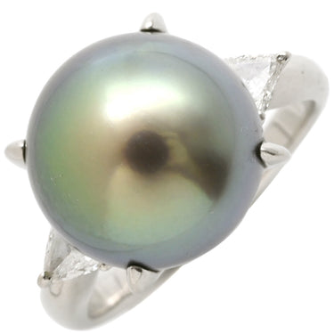 ノンブランド NON BRAND ブラック×プラチナシルバー Pt900 パール ダイヤモンド リング 指輪 プラチナム 1P 1粒 パール 真珠 黒蝶 ダイヤ トリリアントカット 14号