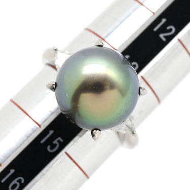 ノンブランド NON BRAND ブラック×プラチナシルバー Pt900 パール ダイヤモンド リング 指輪 プラチナム 1P 1粒 パール 真珠 黒蝶 ダイヤ トリリアントカット 14号