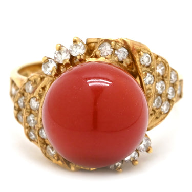 ノンブランド NON BRAND 珊瑚 ダイヤリング イエローゴールド K18YG 珊瑚 ダイヤモンド リング 指輪 サンゴ 赤 8.5号