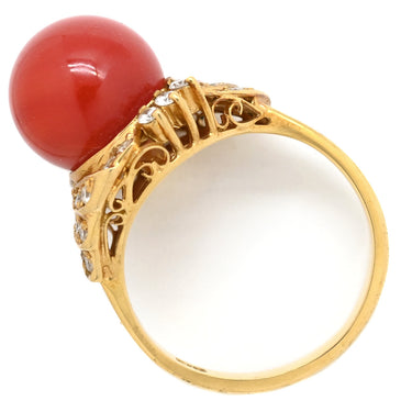 ノンブランド NON BRAND 珊瑚 ダイヤリング イエローゴールド K18YG 珊瑚 ダイヤモンド リング 指輪 サンゴ 赤 8.5号