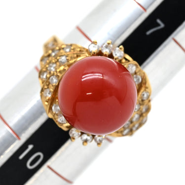 ノンブランド NON BRAND 珊瑚 ダイヤリング イエローゴールド K18YG 珊瑚 ダイヤモンド リング 指輪 サンゴ 赤 8.5号