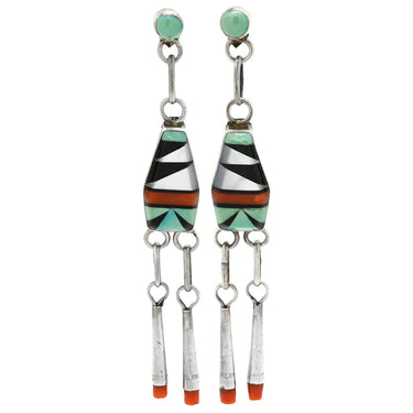 D.Lucio D.Lucio インディアンジュエリー マルチカラー シルバー925 珊瑚（コーラル） ホワイトマザーオブパール ピアス Ag925 SV925 サンゴ シェル 色石 赤 青 黒 白 ズニ族 ドロップ スイング