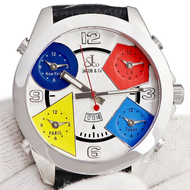 腕時計 ジェイコブ JACOB&CO ファイブタイムゾーン JC-1D クオーツ メンズ ギョウシェ シルバー GMT デイト