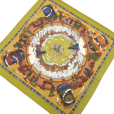 エルメス HERMES カレ140 カレジェアン グリーン×ベージュ×マルチカラー カシミヤ シルク ストール 【 PRIERES AU VENT / 風の中の祈り】