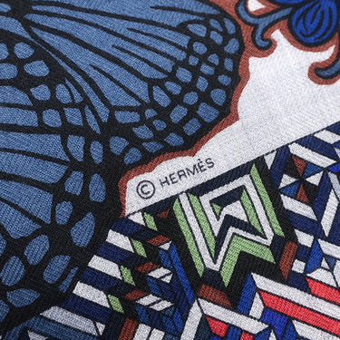 エルメス HERMES カレ140 カレジェアン グリス×ブルー×アカジュ― カシミヤ シルク ストール 新品 未使用 【LE JAGUAR ET LE COLIB/ジャガーとハチドリのデザイン】