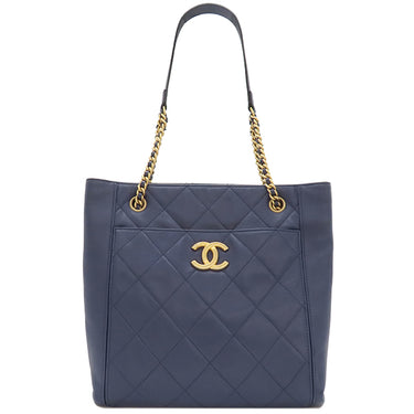 シャネル CHANEL マトラッセ スモール ショッピングバッグ ネイビー カーフレザー トートバッグ ゴールド金具 紺 チェーンショルダー ココマーク