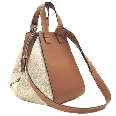 ロエベ LOEWE ハンモックバッグ スモール エクリュ×タン レザー ジャガードコットン 2WAYバッグ ゴールド金具 茶 白 ハンドバッグ ショルダー アナグラム ジャガード