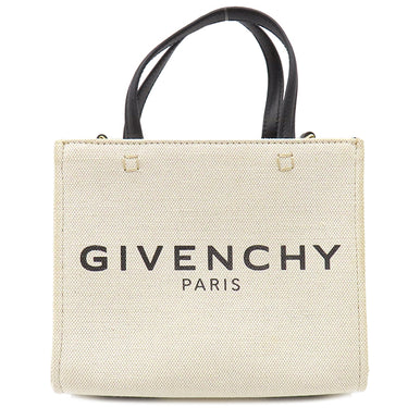 ジバンシイ GIVENCHY G-Tote ミニ キャンバス トートバッグ ベージュ×ブラック コットン レザー 2WAYバッグ ゴールド金具 白 黒 ショルダー