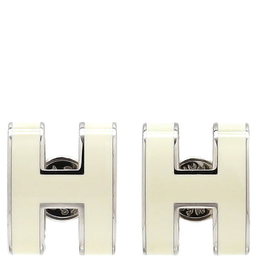 エルメス HERMES ポップアッシュ Hピアス ホワイトXシルバー メタル エナメル ピアス H型 白