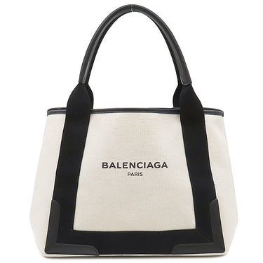 バレンシアガ BALENCIAGA ネイビー カバ スモール 339933 アイボリーXブラック キャンバス レザー トートバッグ シルバー金具 白 黒