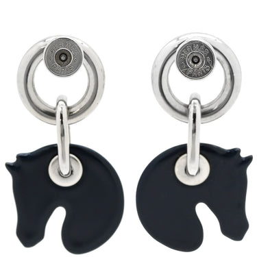 エルメス HERMES タッタソール ネイビーXホワイト エナメル メタル ピアス 馬柄