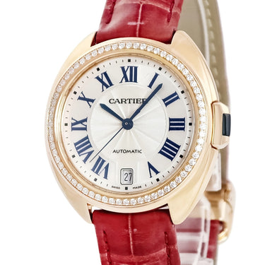 腕時計 カルティエ Cartier クレ ドゥ カルティエ 35mm WJCL0013 自動巻き レディース K18PG無垢 純正ダイヤ デイト ローマン 青針