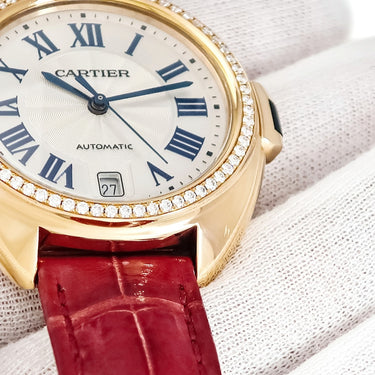 腕時計 カルティエ Cartier クレ ドゥ カルティエ 35mm WJCL0013 自動巻き レディース K18PG無垢 純正ダイヤ デイト ローマン 青針