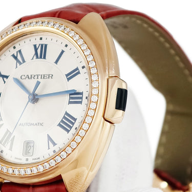 腕時計 カルティエ Cartier クレ ドゥ カルティエ 35mm WJCL0013 自動巻き レディース K18PG無垢 純正ダイヤ デイト ローマン 青針