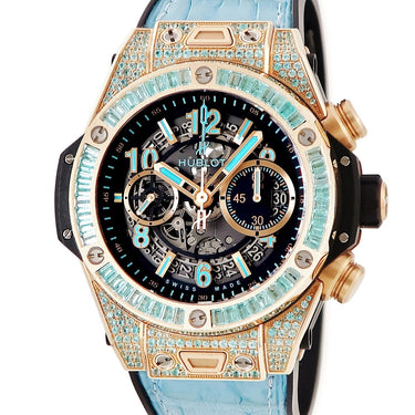 腕時計 ウブロ HUBLOT ビッグバン ウニコ キングゴールド パライバ 411.OX.1189.LR.0919 自動巻き メンズ K18KG無垢 希少石 青