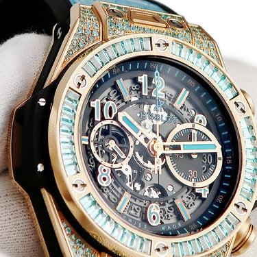 腕時計 ウブロ HUBLOT ビッグバン ウニコ キングゴールド パライバ 411.OX.1189.LR.0919 自動巻き メンズ K18KG無垢 希少石 青