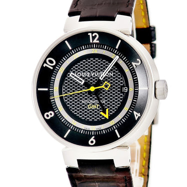 腕時計 ルイヴィトン LOUIS VUITTON タンブール ムーン GMT Q8D30Z 自動巻き メンズ ブラック イエロー バー アラビア デイト