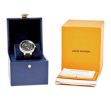 腕時計 ルイヴィトン LOUIS VUITTON タンブール ムーン GMT Q8D30Z 自動巻き メンズ ブラック イエロー バー アラビア デイト