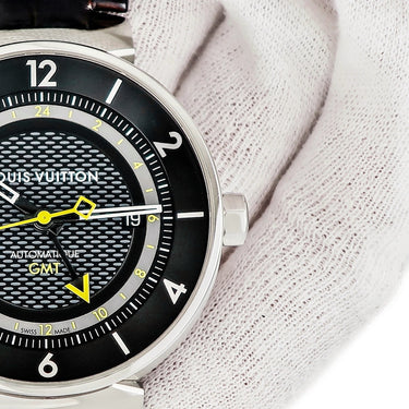 腕時計 ルイヴィトン LOUIS VUITTON タンブール ムーン GMT Q8D30Z 自動巻き メンズ ブラック イエロー バー アラビア デイト