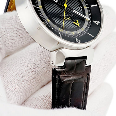 腕時計 ルイヴィトン LOUIS VUITTON タンブール ムーン GMT Q8D30Z 自動巻き メンズ ブラック イエロー バー アラビア デイト