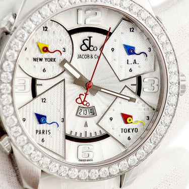 腕時計 ジェイコブ JACOB ファイブタイムゾーン JC-3 クオーツ メンズ 純正ダイヤ シルバー GMT デイト アラビア ギョウシェ