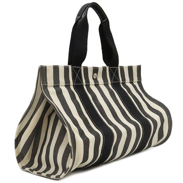 エルメス HERMES カンヌMM アイボリー×ブラック キャンバス トートバッグ シルバー金具 白 黒 ストライプ ポーチ付き