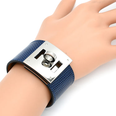 エルメス HERMES ケリードッグ ブルー×シルバー リザード メタル バングル シルバー金具 ブレスレット 大型メタルバックル