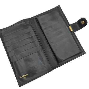 シャネル CHANEL ココマーク がま口 A01429 黒 ラムスキン キャビアスキン 長財布 ゴールド金具 黒 二つ折り