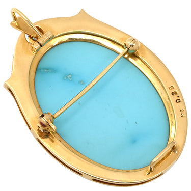 ノンブランド NON BRAND ターコイズ ダイヤ イエローゴールド K18YG ターコイズ ダイヤモンド ブローチ 青 彫刻 ペンダントトップ