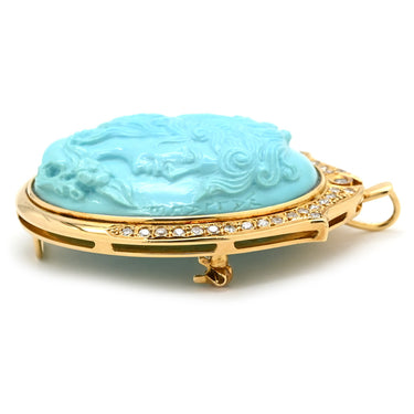 ノンブランド NON BRAND ターコイズ ダイヤ イエローゴールド K18YG ターコイズ ダイヤモンド ブローチ 青 彫刻 ペンダントトップ