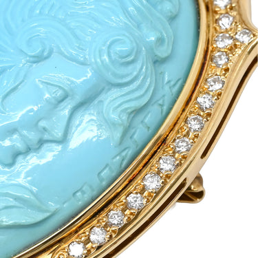 ノンブランド NON BRAND ターコイズ ダイヤ イエローゴールド K18YG ターコイズ ダイヤモンド ブローチ 青 彫刻 ペンダントトップ