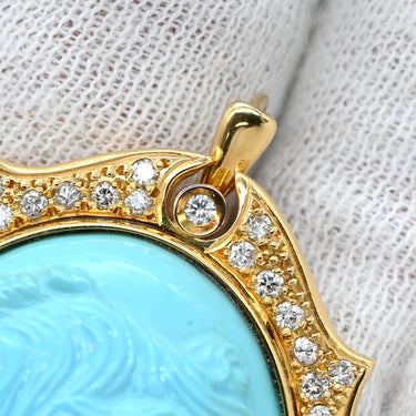 ノンブランド NON BRAND ターコイズ ダイヤ イエローゴールド K18YG ターコイズ ダイヤモンド ブローチ 青 彫刻 ペンダントトップ
