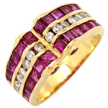 ノンブランド NON BRAND ルビー ダイヤ レッド×イエローゴールド K18YG ルビー ダイヤモンド リング 指輪 イエローゴールド K18YG Au750 18K 18金 赤 スクエアカット ラインストーン ボリュームデザイン 12.5号