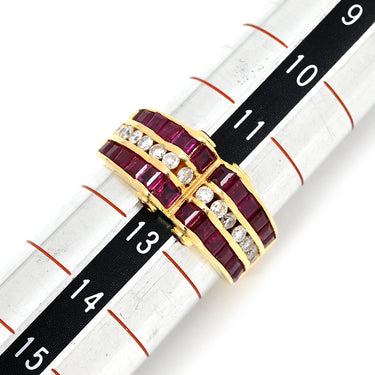 ノンブランド NON BRAND ルビー ダイヤ レッド×イエローゴールド K18YG ルビー ダイヤモンド リング 指輪 イエローゴールド K18YG Au750 18K 18金 赤 スクエアカット ラインストーン ボリュームデザイン 12.5号