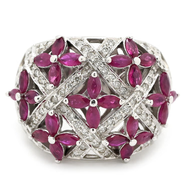 ノンブランド NON BRAND ラティス ダイヤリング ホワイトゴールド K14WG ダイヤモンド ルビー リング 指輪 WG 14K ダイヤモンド ルビー フラワークラスター 16号