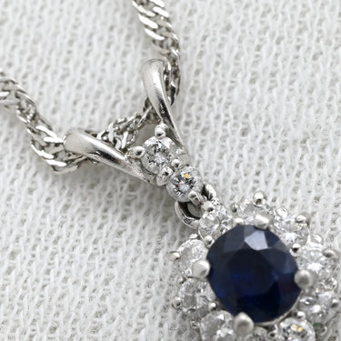 ノンブランド NON BRAND ブルーサファイア ダイヤ ブルー×プラチナシルバー Pt900 サファイア ダイヤモンド Pt850(チェーン) ネックレス オーバルカット Pt900 プラチナム 青 メレ フラワーモチーフ ヘイロー スクリューチェーン