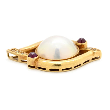 ノンブランド NON BRAND パール ルビー ダイヤ パールホワイト×イエローゴールド K18YG パール ダイヤモンド ルビー ペンダントトップ 赤 ネックレストップ マベパール ホワイトパール 真珠 18K YG 750