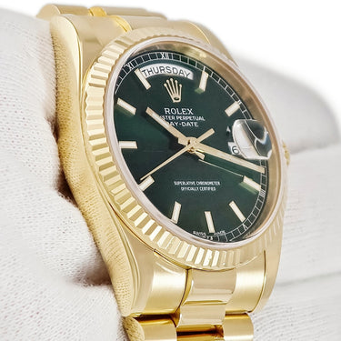 腕時計 ロレックス ROLEX デイデイト 36 118238 P番 自動巻き メンズ メーカーOH済 P番 K18YG無垢 グリーン バー フルーテッドベゼル