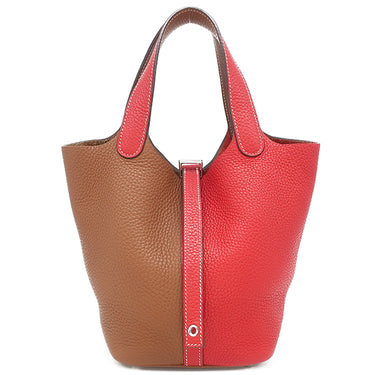 エルメス HERMES ピコタンロック PM カザック ルージュクー×ゴールド トリヨンクレマンス ハンドバッグ シルバー金具 赤 茶